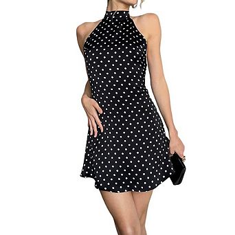 Women's Polka Dot Halter Mini Dress Open Back Sleeveless Bodycon Party Dress