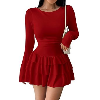Women's Long Sleeve Crew Neck Ruched Clothes Ruffle Layered Bodycon Mini Party Dress