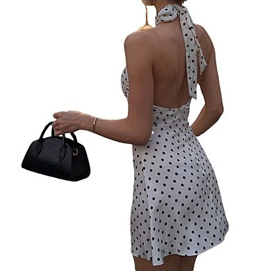 Women's Bodycon Mini Dress Halter Neck with Polka Dot Print Open Back and Flared Hem