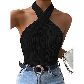 Women's Chic Halter Neck Top Design with Textured Fabric and Sleeveless Cut