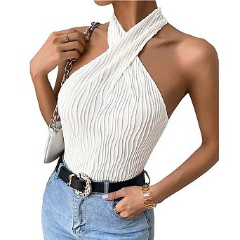 Women's Chic Halter Neck Top Design with Textured Fabric and Sleeveless Cut