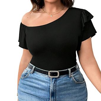 Womens Plus Size Asymmetrical One Shoulder Top Ruffle Short Sleeve Summer Casual Shirt Boho Blouse