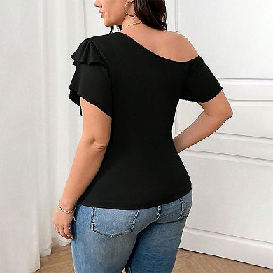 Womens Plus Size Asymmetrical One Shoulder Top Ruffle Short Sleeve Summer Casual Shirt Boho Blouse