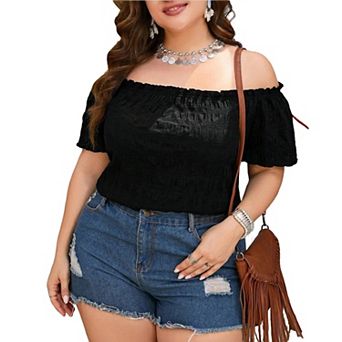 Womens Plus Size Off Shoulder Smocked Top Short Sleeve Summer Casual Shirt Boho Loose Fit Blouse