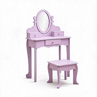 Children Princess Dressing Table Playset, Adjustable Mirror Makeup Desk with Stool for Girls Age 4-9