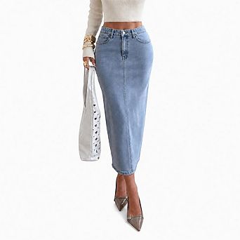 Women's Long Jean Skirts Stretch Denim Midi Skirts with Back Slit Bodycon Mid Waisted A Line Dress