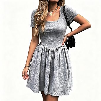 Women's Square Neck Short Sleeve A-Line Dress with Pockets Fit-and- Casual Mini Dress