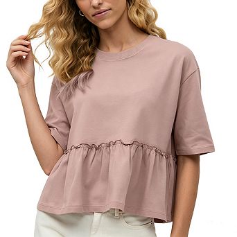 Women's Casual Cotton T-Shirt Crewneck Short Sleeve with Peplum Ruffle Hem