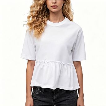Women's Casual Cotton T-Shirt Crewneck Short Sleeve with Peplum Ruffle Hem