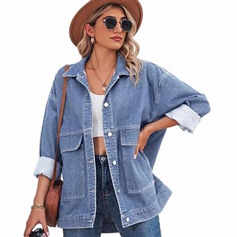 Womens Denim Jacket Casual Long Sleeve Drop Shoulder Button Front Jean Jacket Coat With Pockets