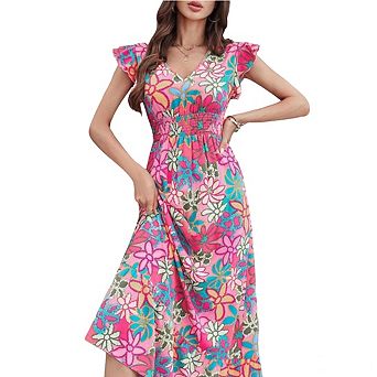 Women's Casual Floral Maxi Dress V-Neck Ruffle Sleeve with Smocked Waist Flowy Skirt