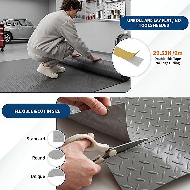 Heavy Duty Diamond Plate PVC Garage Floor Mat 7.5x17 ft, 2.0mm Thick