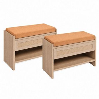 Rattan Shoe Bench with Drawer&Padded Linen Seat, 31” Entryway Storage Bench for Hallway Front Door
