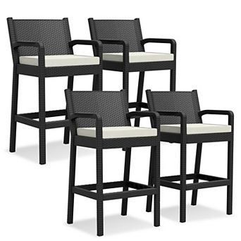 Wicker Bar Stools 4 PCS, Counter Height Chairs with Cushions Backrest Footrest, 30” Outdoor Seating