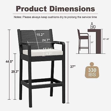 Wicker Bar Stools 4 PCS, Counter Height Chairs with Cushions Backrest Footrest, 30” Outdoor Seating