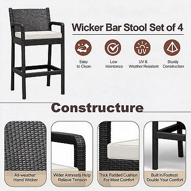 Wicker Bar Stools 4 PCS, Counter Height Chairs with Cushions Backrest Footrest, 30” Outdoor Seating
