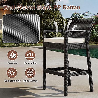 Wicker Bar Stools 4 PCS, Counter Height Chairs with Cushions Backrest Footrest, 30” Outdoor Seating