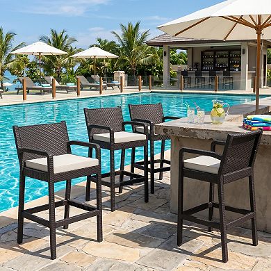 Wicker Bar Stools 4 PCS, Counter Height Chairs with Cushions Backrest Footrest, 30” Outdoor Seating