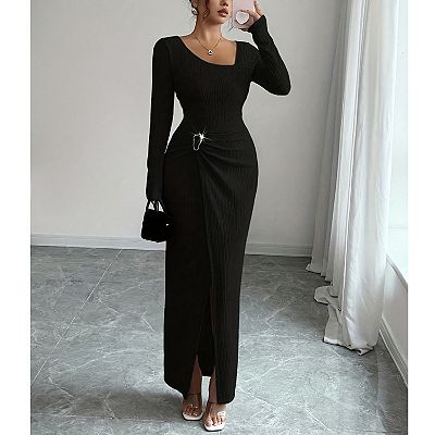 asymmetrical elevated knit maxi dress Karen Millen Viscose Blend Slinky Sheer Lace Detail Asymmetric Knit Maxi Dress in Navy