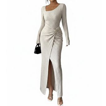 Women's Casual Textured Knit Maxi Dress, Long Sleeve Asymmetrical Neck Ruched Slit Gown