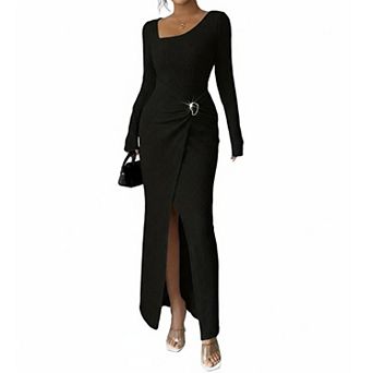 Women's Casual Textured Knit Maxi Dress, Long Sleeve Asymmetrical Neck Ruched Slit Gown
