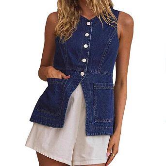 Denim Vest for Women Button Up Dressy Sleeveless Blazer Long Jean Tank Top with Pockets