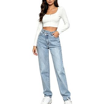 Women's Casual Cross High Waisted Straight Leg Light Wash Jeans Summer Fall Long Pants With Pockets