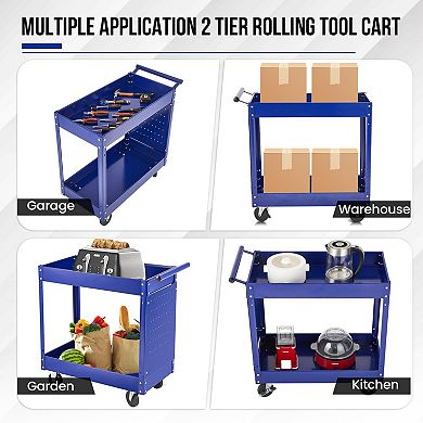 2 Shelf Metal Rolling Tool Cart, 330LB Load Mechanic Storage Organizer for Warehouse Home Use