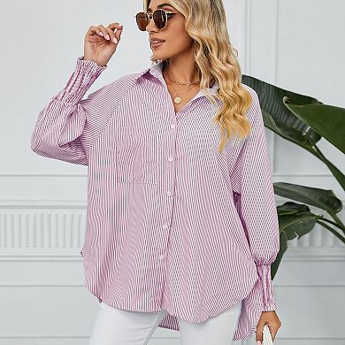 Women's Striped Button-Down Shirt, Smocked Cuff Long Sleeve Blouse with Pocket