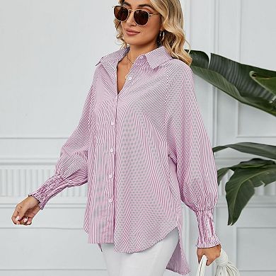 Women's Striped Button-Down Shirt, Smocked Cuff Long Sleeve Blouse with Pocket