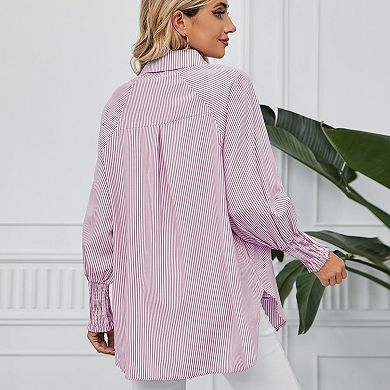 Women's Striped Button-Down Shirt, Smocked Cuff Long Sleeve Blouse with Pocket