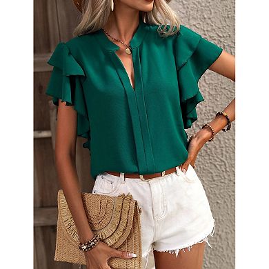 Women's Split Neck Ruffle Sleeve Blouse, Casual Flowy Solid Color Top