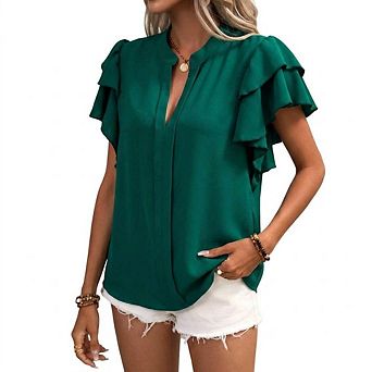 Women's Split Neck Ruffle Sleeve Blouse, Casual Flowy Solid Color Top