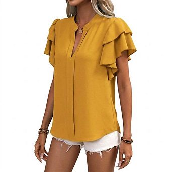 Women's Split Neck Ruffle Sleeve Blouse, Casual Flowy Solid Color Top
