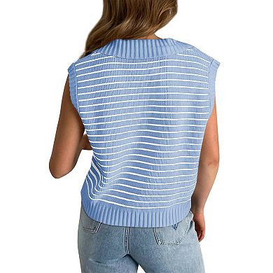Women's Striped Sleeveless Knit Vest, V-Neck Collared Cropped Sweater Top