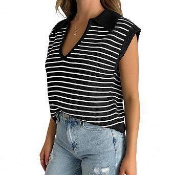 Women's Striped Sleeveless Knit Vest, V-Neck Collared Cropped Sweater Top
