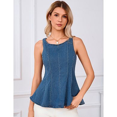 Women's Sleeveless Denim Peplum Top, Round Neck Flared Hem Chambray Blouse