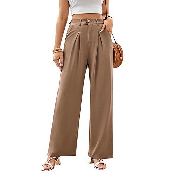 Women's Wide Leg Dress Pants Elastic High Waist Pleated Trousers with Side Pockets