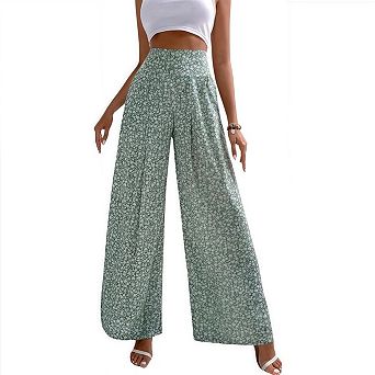 Women's Floral High Waisted Wide Leg Pants Smocked Waist Summer Casual Long Trousers