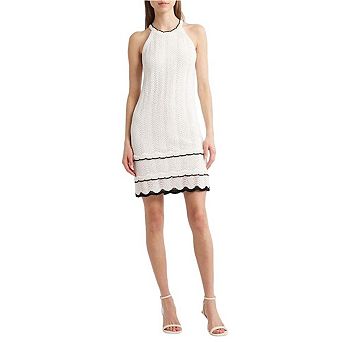 Women's Crochet Knit Halter Mini Dress Contrast Trim Scallop Hem Sleeveless Shift Dress