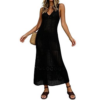 Womens Crochet Maxi Dress V Neckline Openwork Pattern Casual Swimsuits Cover Up