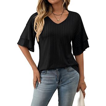 Women's Summer Tops Dressy Casual Ruffle Short Sleeve T Shirts Baggy Textured Blouses Tops