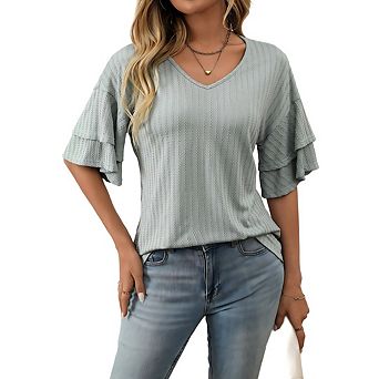 Women's Summer Tops Dressy Casual Ruffle Short Sleeve T Shirts Baggy Textured Blouses Tops
