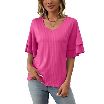 Women's Summer Tops Dressy Casual Ruffle Short Sleeve T Shirts Baggy Textured Blouses Tops