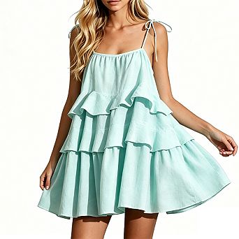Womens Tiered Ruffle Mini Dress With Tie Shoulder Spaghetti Straps Casual Summer Dresses