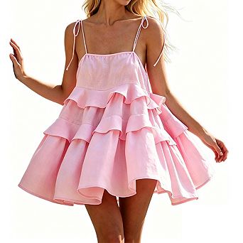 Womens Tiered Ruffle Mini Dress With Tie Shoulder Spaghetti Straps Casual Summer Dresses