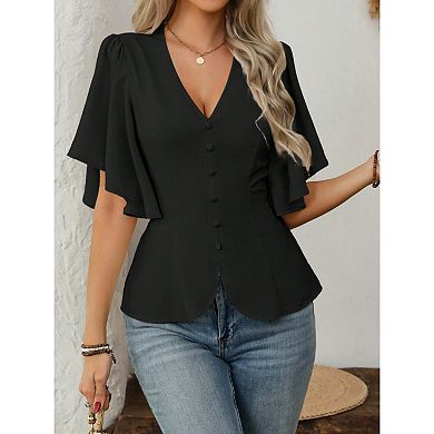 Womens Tops Dressy Casual Button Front Solid Color V Neck Flutter Sleeve Shirts