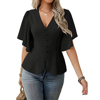 Womens Tops Dressy Casual Button Front Solid Color V Neck Flutter Sleeve Shirts