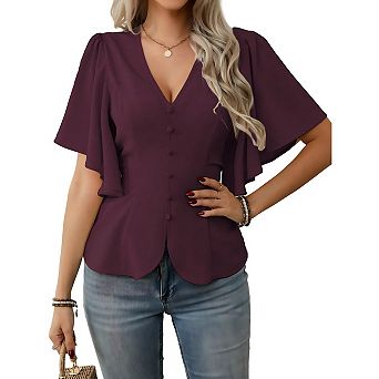 Womens Tops Dressy Casual Button Front Solid Color V Neck Flutter Sleeve Shirts