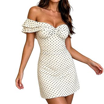 Womens Polka Dot Off The Shoulder Twist Bust Ruched Waist Mini Dress